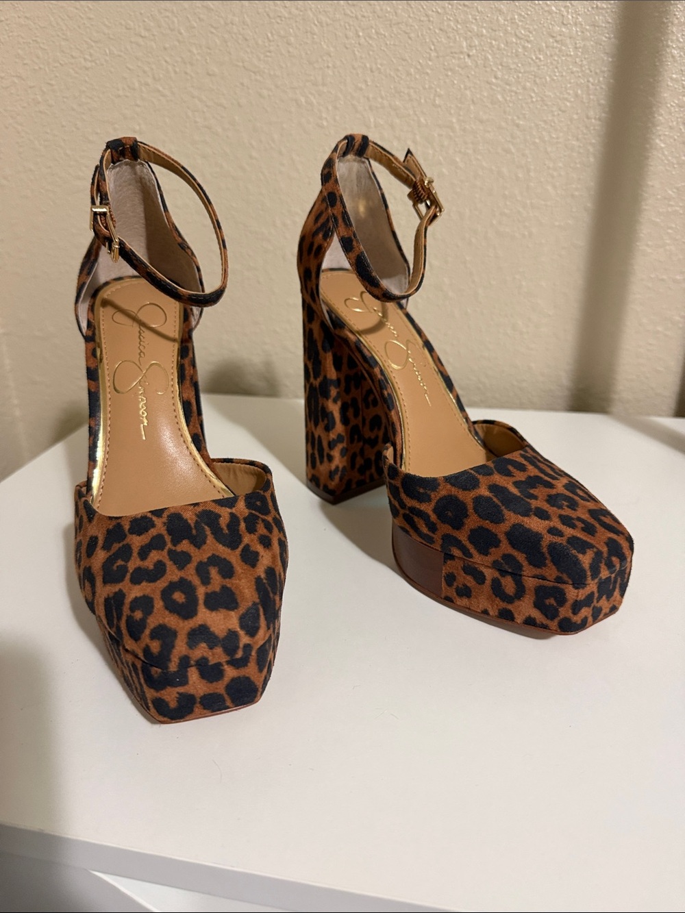 Jessica Simpson Leopard Print Platform Ankle-Strap Heels - Brown & Black